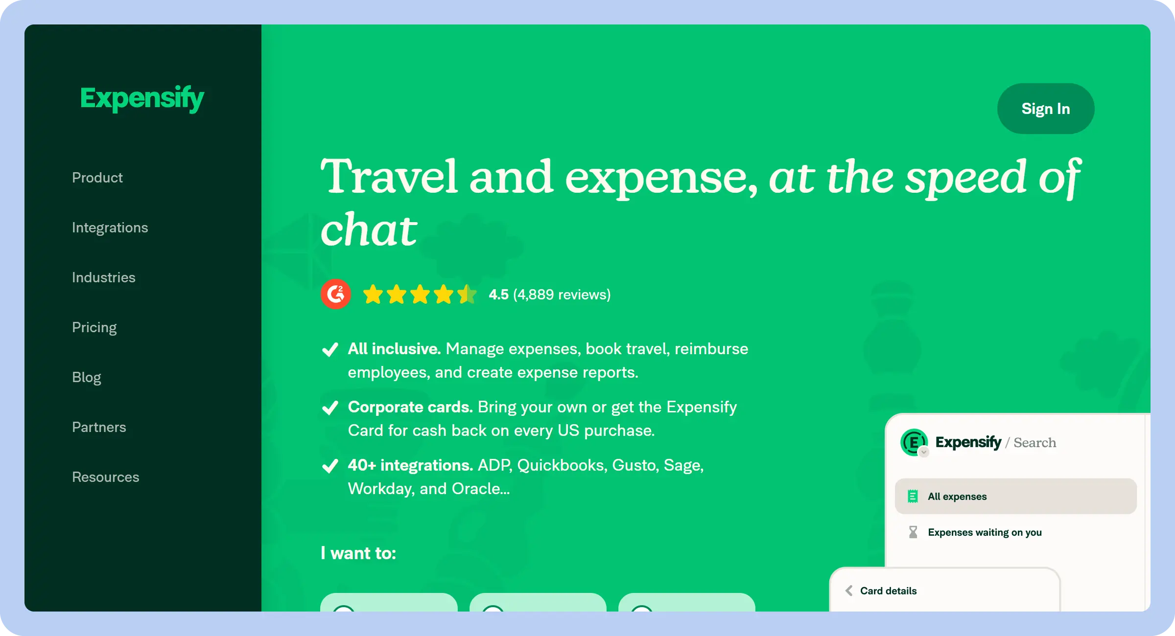 screenshot of Expensify landing page