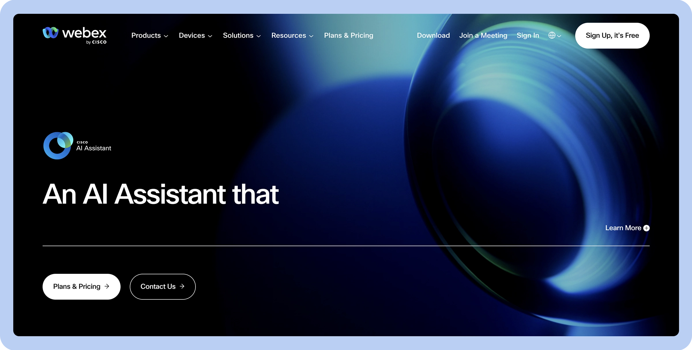 Stylized screenshot of the Webex website’s landing page depicting the Webex colors and logo as well as links to the pricing page and the contact page.