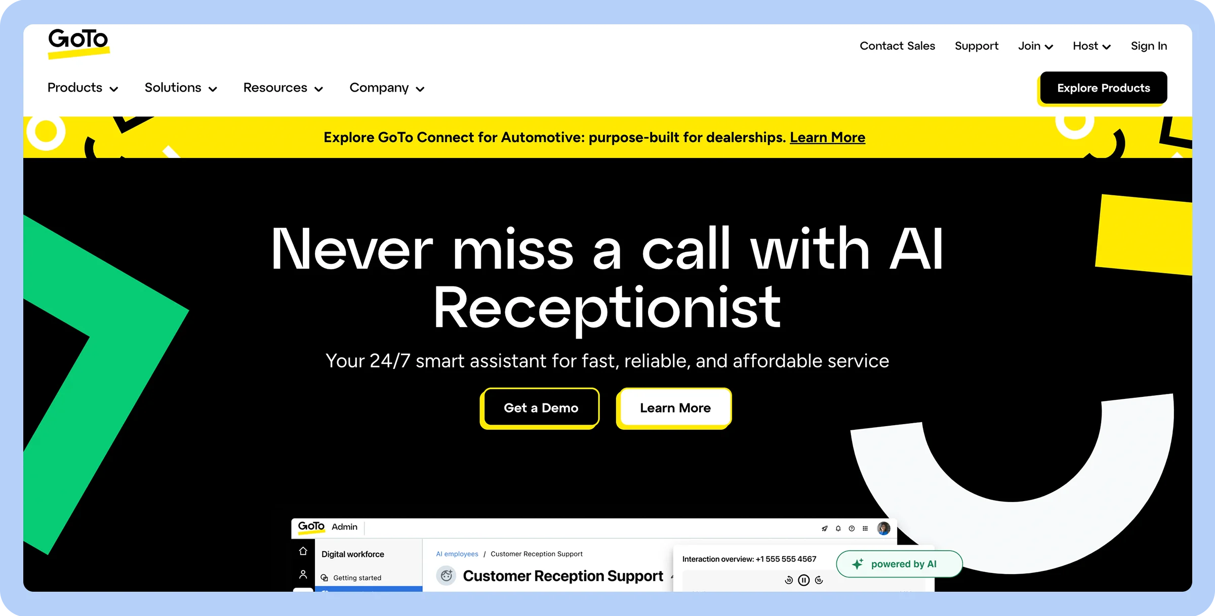Stylized screenshot of GoTO Connect’s homepage.