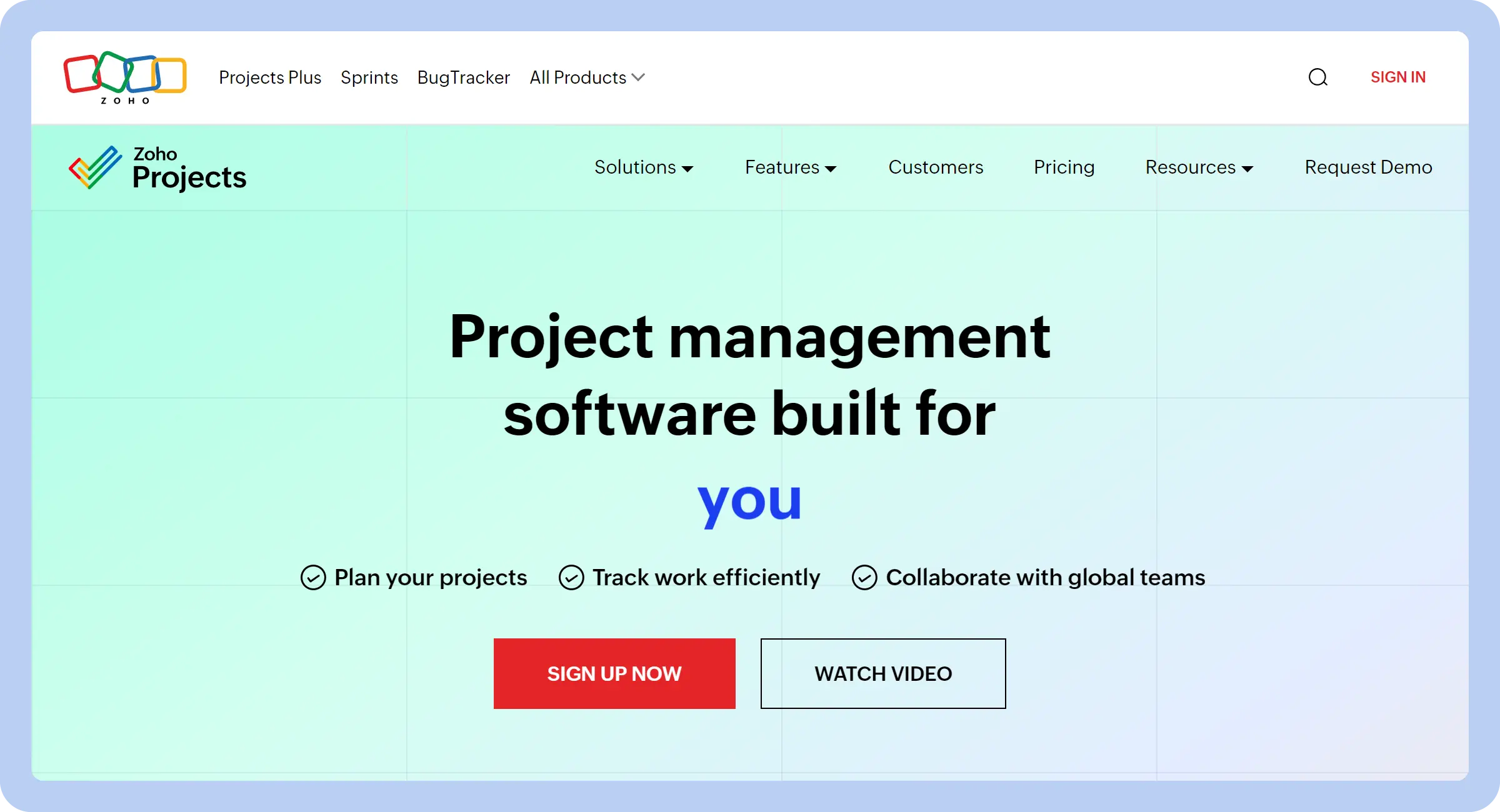 Screenshot of Zoho Projects landing page