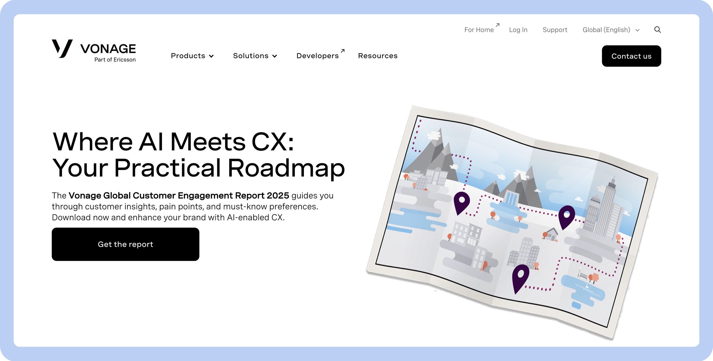 Stylized screenshot of the Vonage website’s landing page depicting the company colors and logo as well as links to relevant pages.