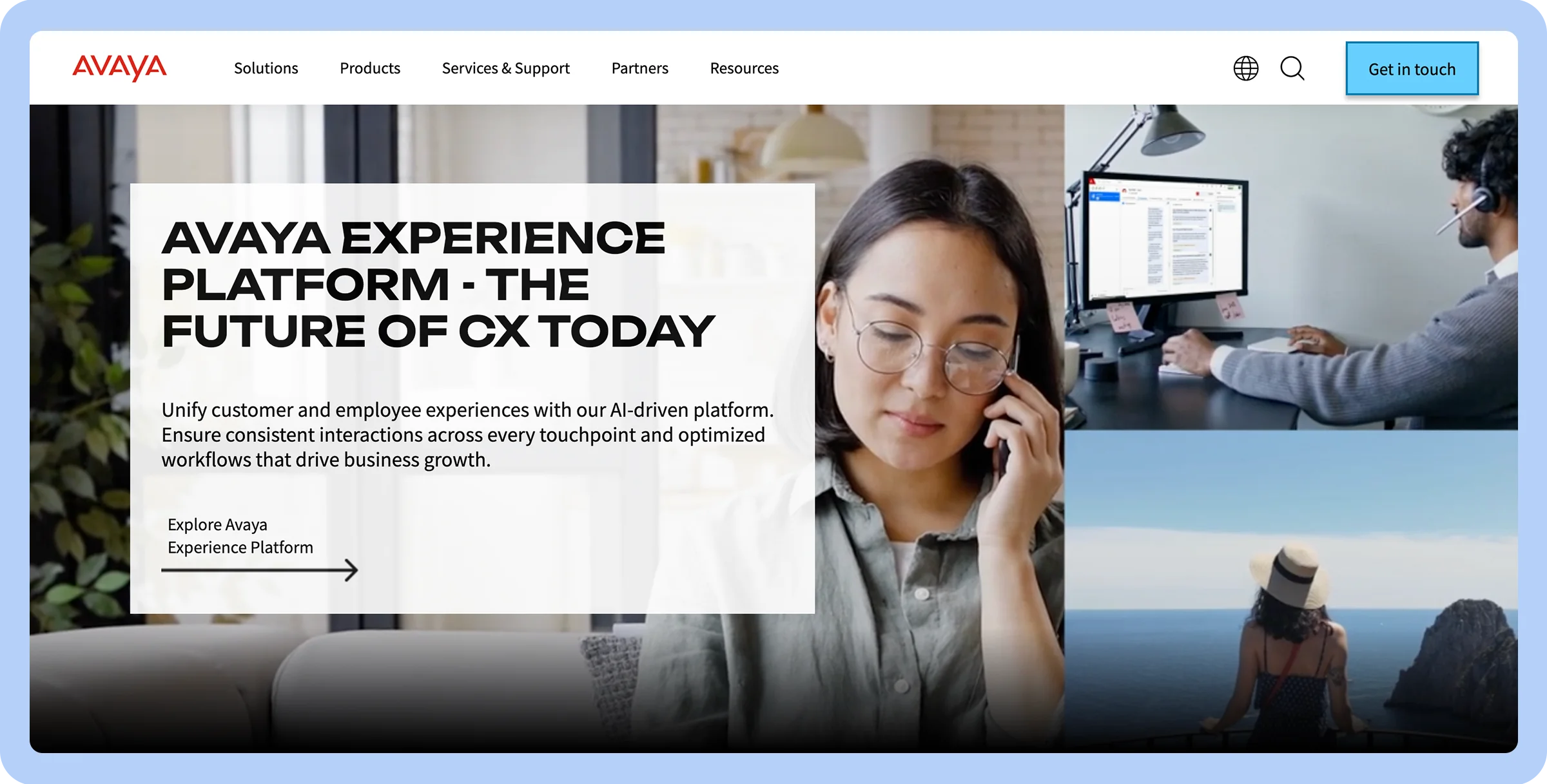 Stylized screenshot of Avaya’s homepage featuring a woman with glasses talking to someone on the phone.