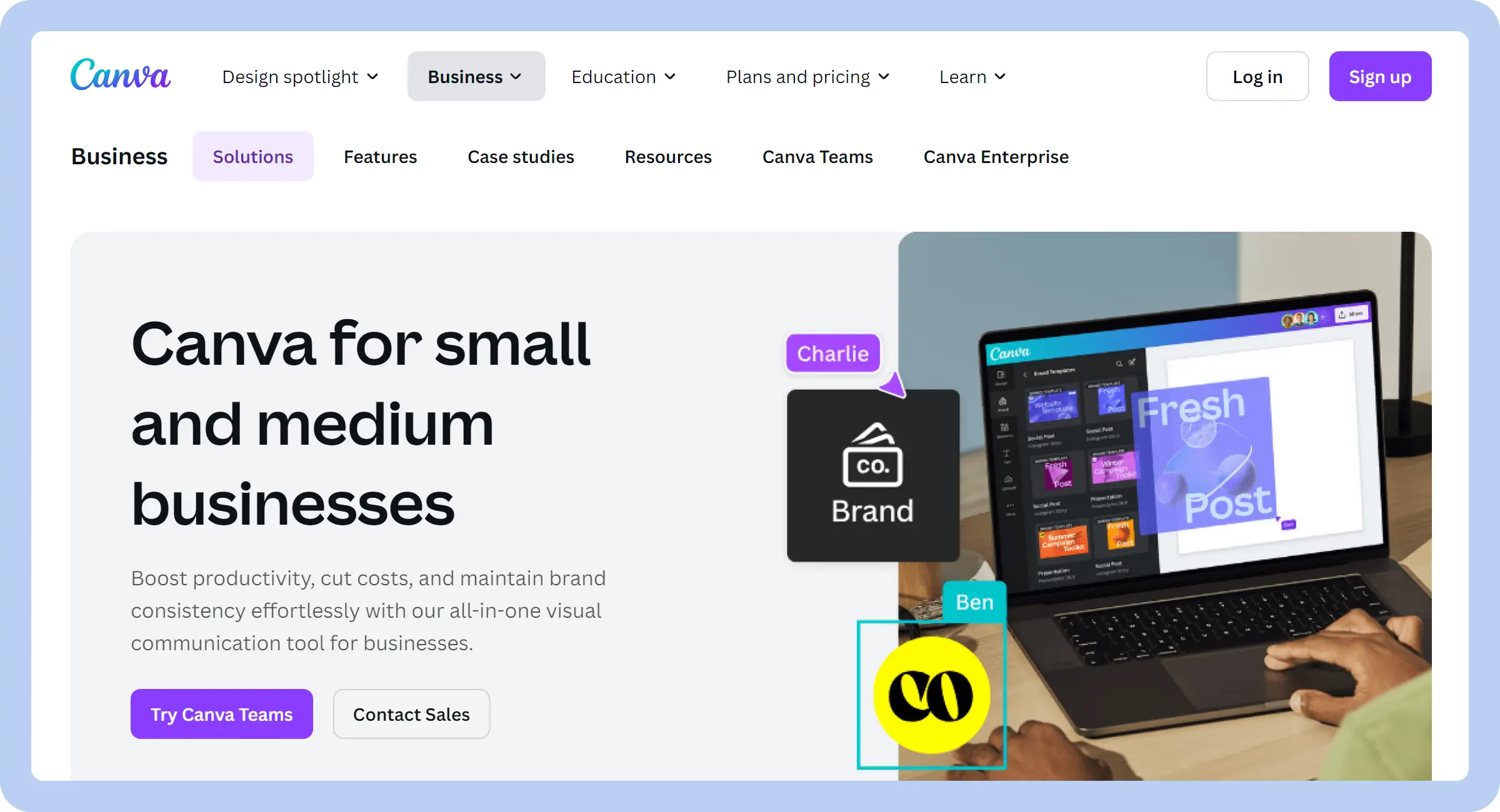 screenshot of Canva's business solutions website page